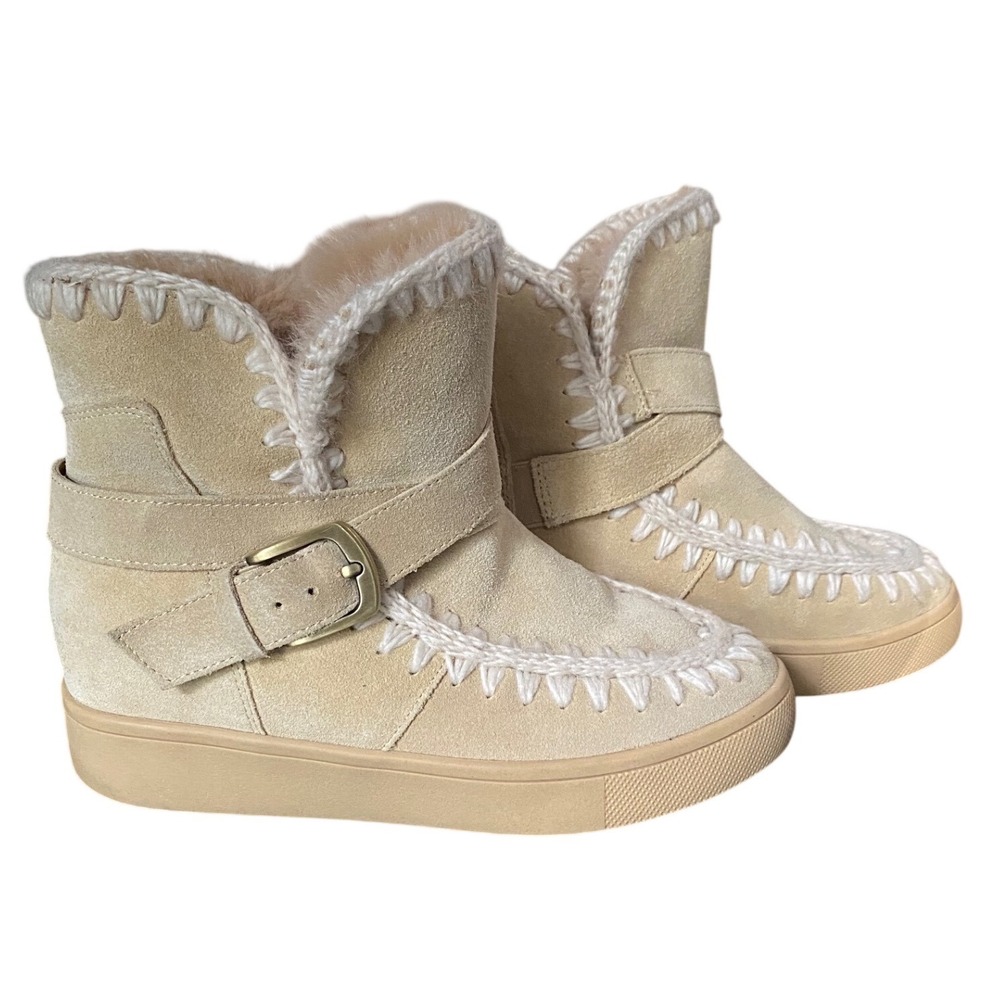 Blondo Anna Waterproof Suede Whipstitch Ankle Boots Beige Faux Fur Buckle Strap